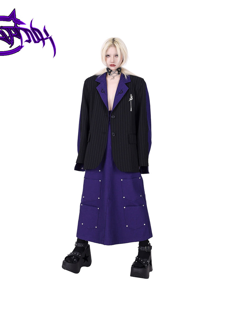 PINKSPINK DNA reconstructed multi-pocket denim maxi skirt — front full-length modeled view with the blazer buttoned