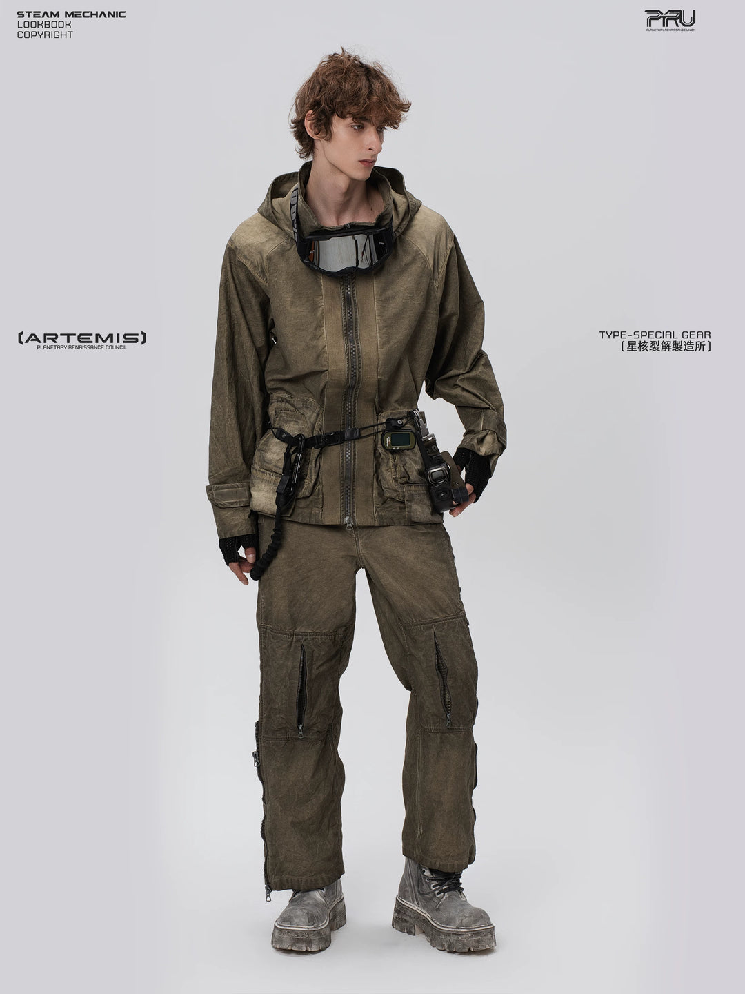 STARCORE lunar soil green distressed work jacket — material and silhouette detail