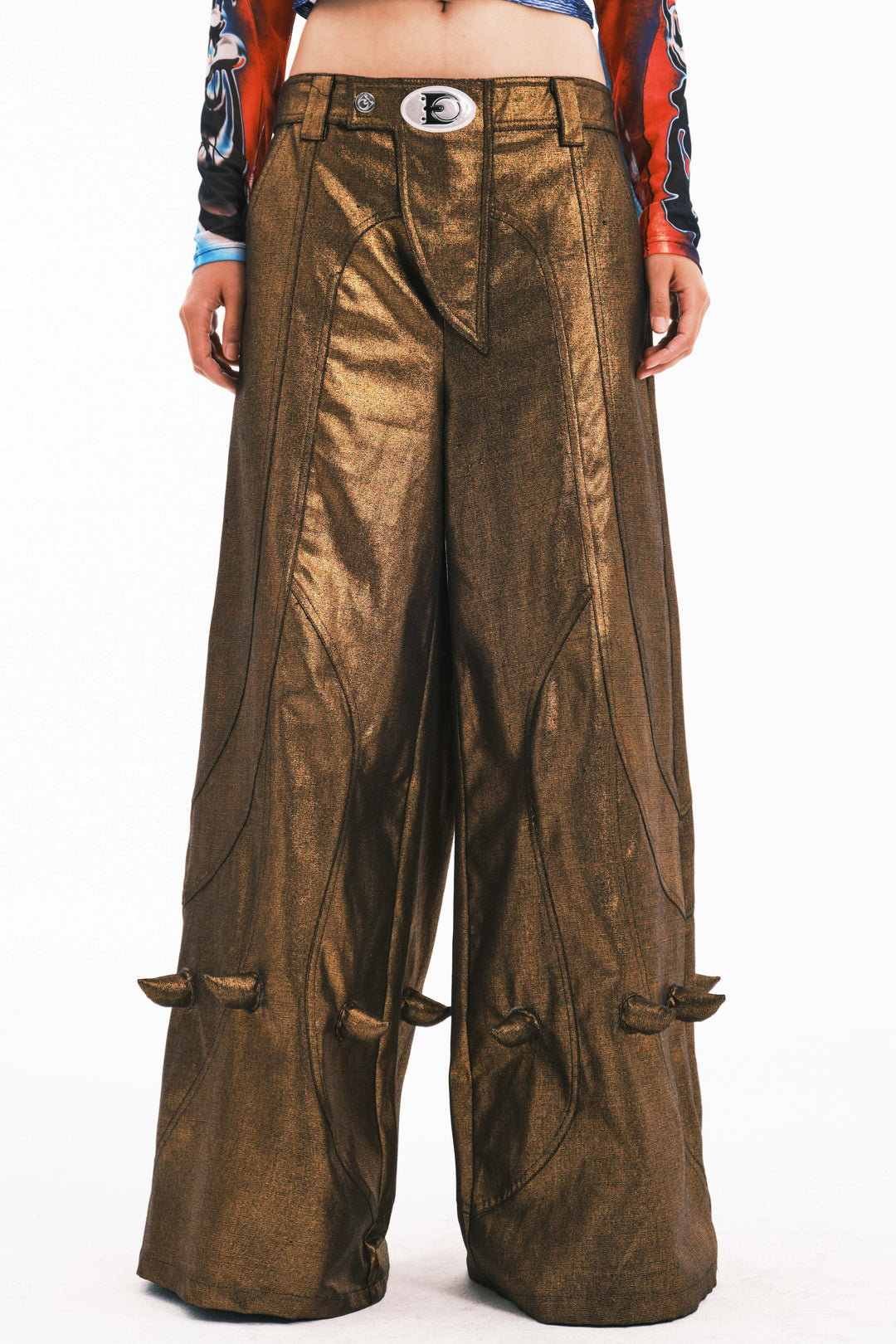 EMBRYO GOLD SPIKE metallic wide-leg pants — material and hardware detail
