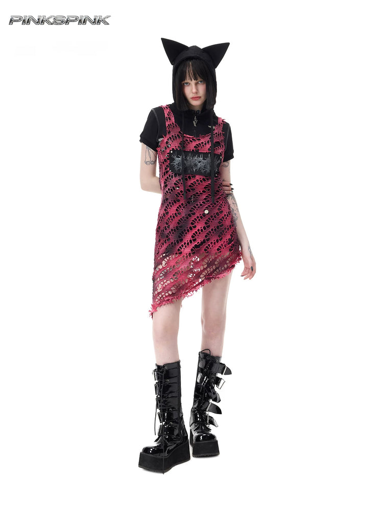 PINKSPINK AFTERGLOW distressed open-knit asymmetric dress in hot pink — full-length modeled view layered over a separate black top and shorts with a cat-ear hood accessory