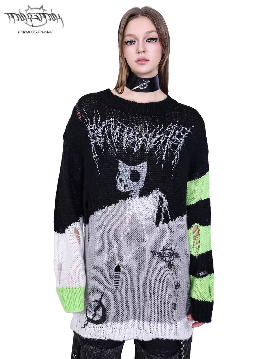 PINKSPINK SPHYNX distressed striped graphic sweater — black-green graphic sweater — close front modeled view