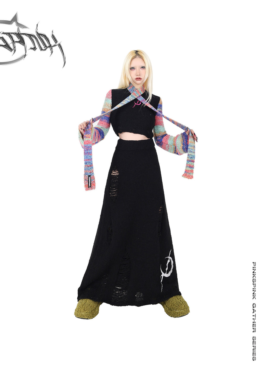 PINKSPINK ELECTRIC MOON rainbow-sleeve cropped sweater with scarf — front modeled view stretching both scarf ends outward