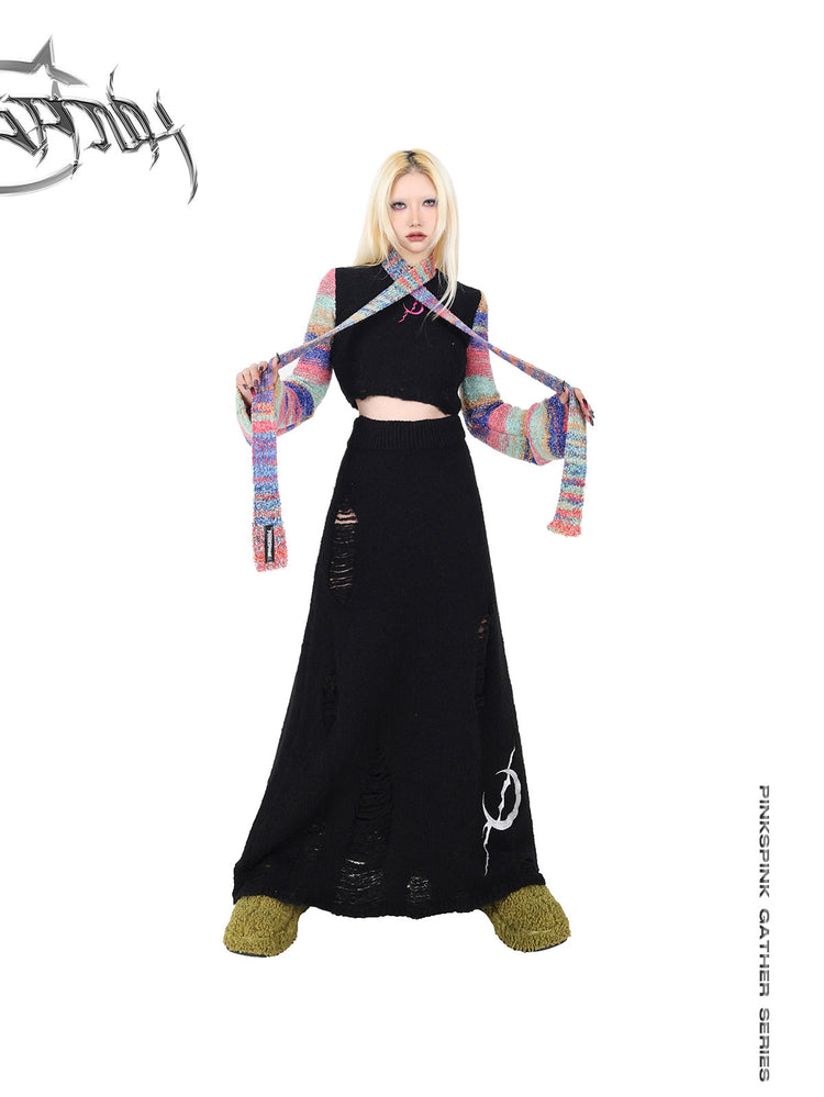 PINKSPINK ELECTRIC MOON rainbow-sleeve cropped sweater with scarf — front modeled view stretching both scarf ends outward