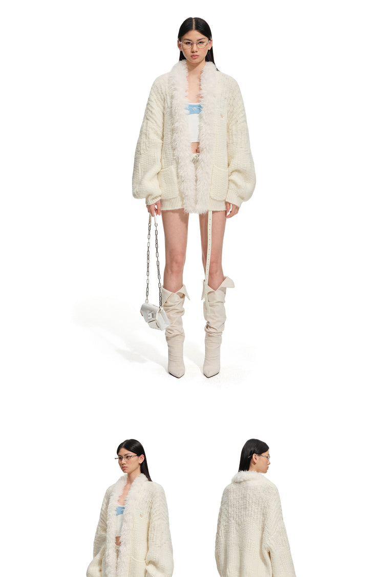 NAWS ARCTIC shearling-collar wool-mohair cardigan — alternate modeled styling view