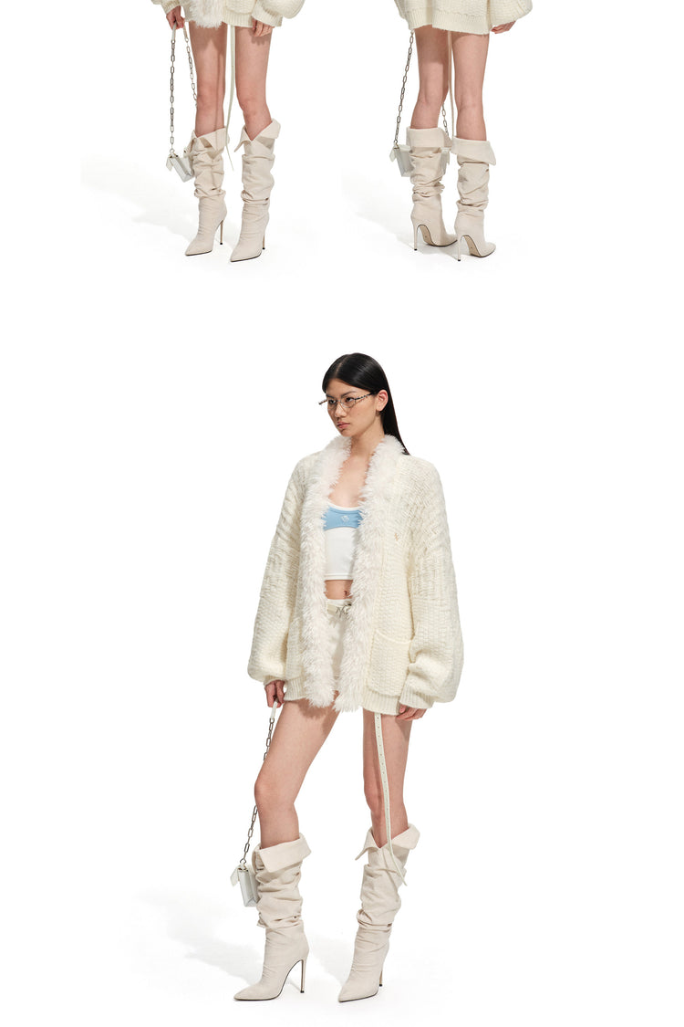 NAWS ARCTIC shearling-collar wool-mohair cardigan — close-up view of the material and finishing