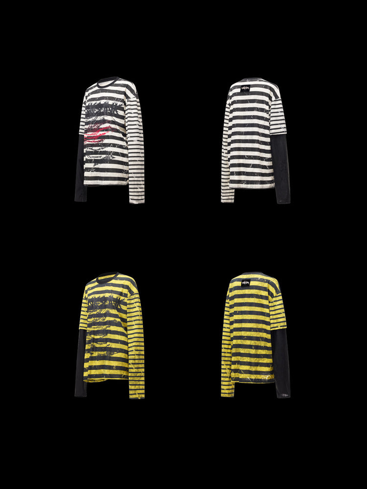 PINKSPINK STATIC asymmetric striped burnout long-sleeve tee in black and white / black and yellow — garment-only front and back comparisons of both colors on a clean black background