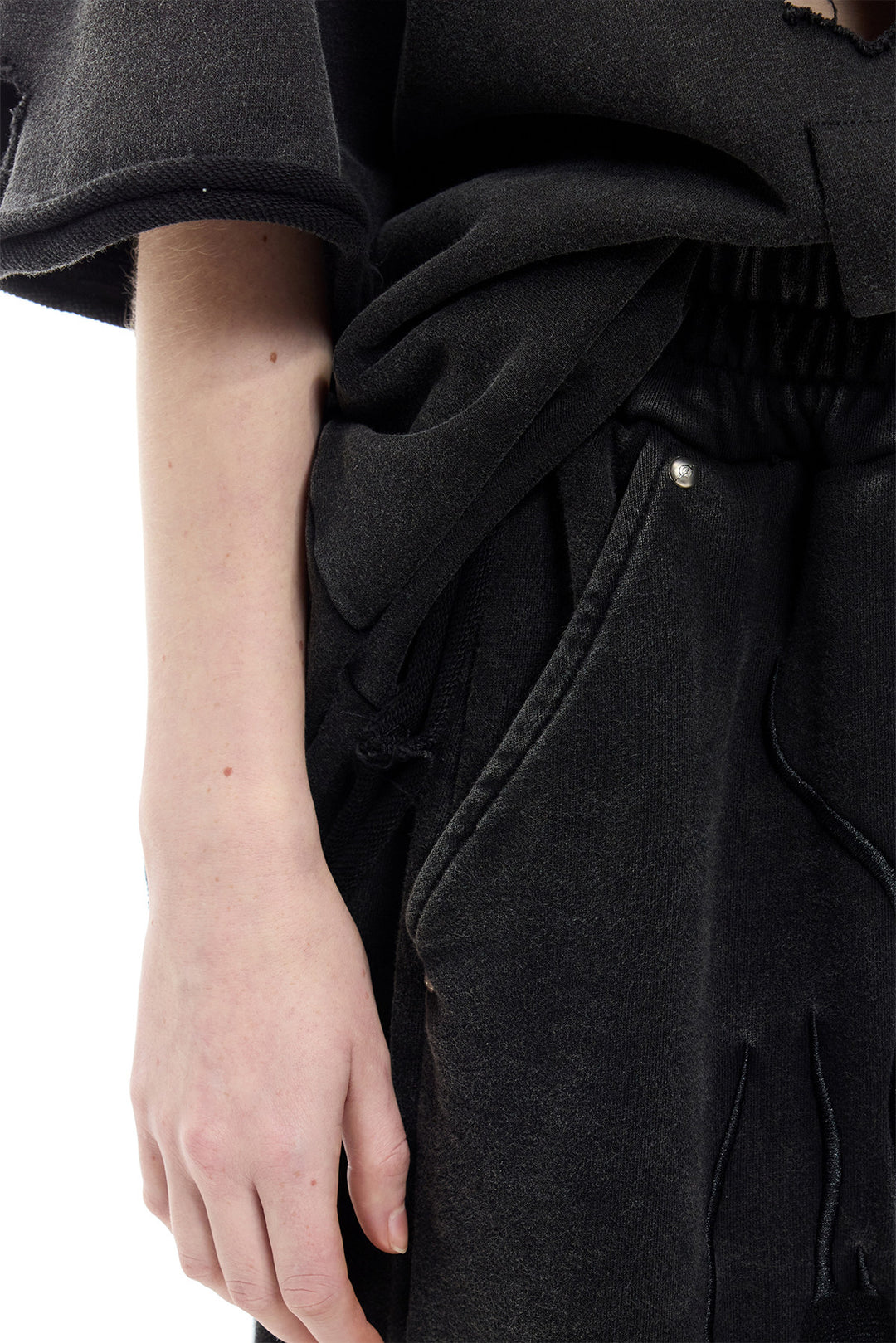 PINKSPINK ELECTRIC MOON distressed embroidered wide-leg shorts — black — close-up of drawstring waist and side pocket