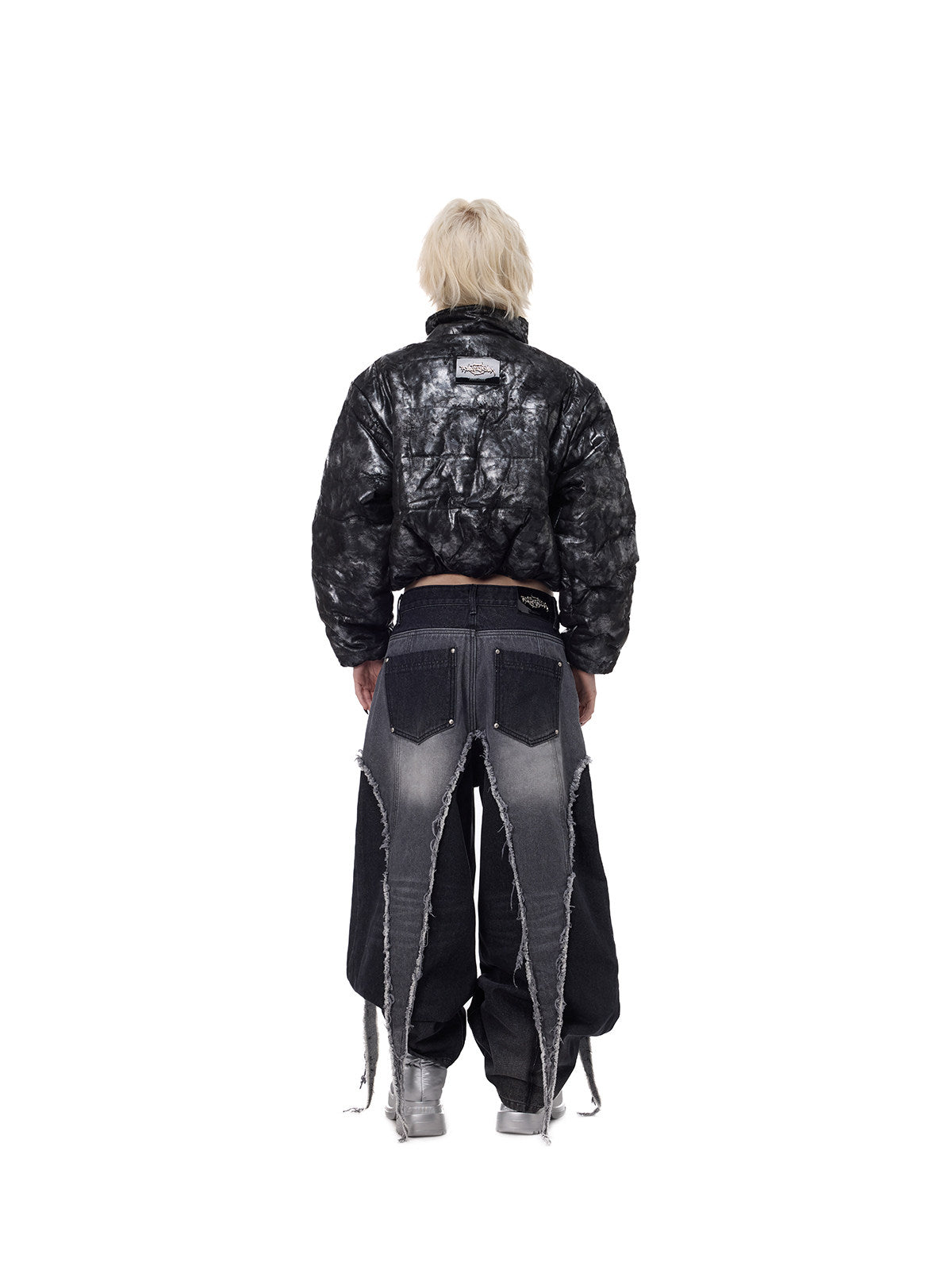 PINKSPINK ELECTRIC MOON metallic cropped puffer jacket — back full-length view with jeans