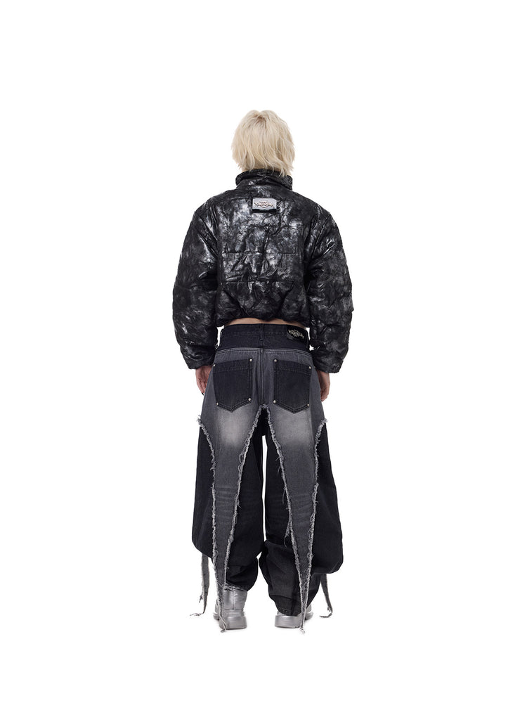 PINKSPINK ELECTRIC MOON reconstructed wide-leg jeans — back full-length styling with metallic jacket