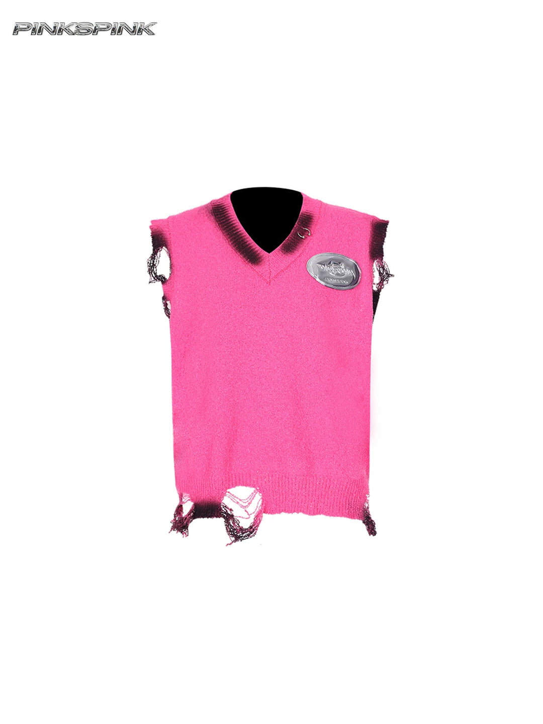 PINKSPINK REBEL distressed ring-detail knit vest in pink — garment-only front view showing the dark sprayed edges and torn openings