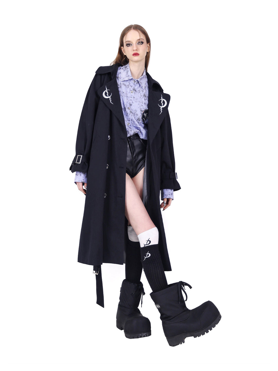 PINKSPINK ELECTRIC MOON reversible patchwork trench coat in black — full-length open pose corresponding to the hero collage
