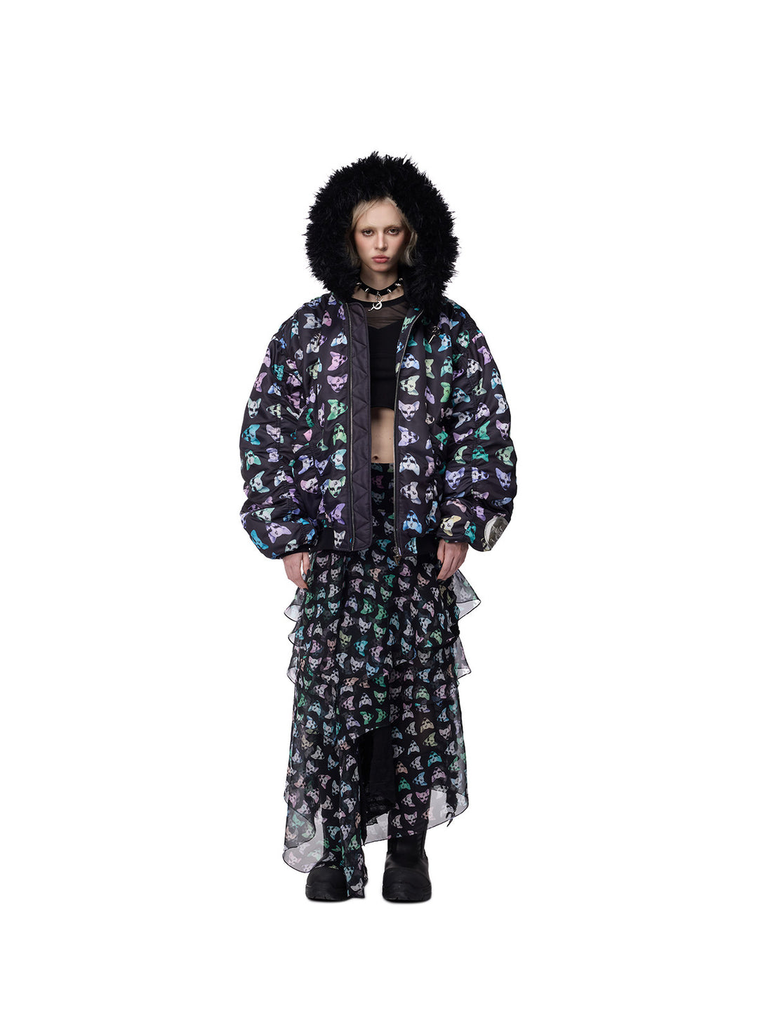 PINKSPINK CAT ALIEN asymmetric mesh maxi skirt — front full-length view with printed outerwear