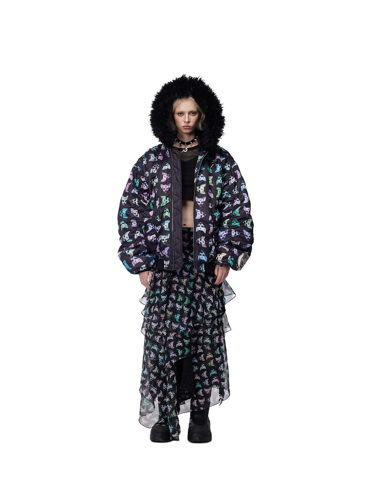 PINKSPINK CAT ALIEN asymmetric mesh maxi skirt — front full-length view with printed outerwear