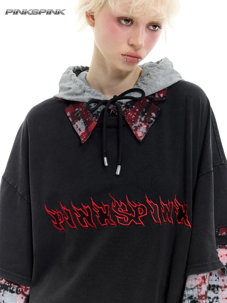 PINKSPINK REMAKE triple-layer plaid hoodie — black and red plaid hoodie — front close view of layered collar and logo