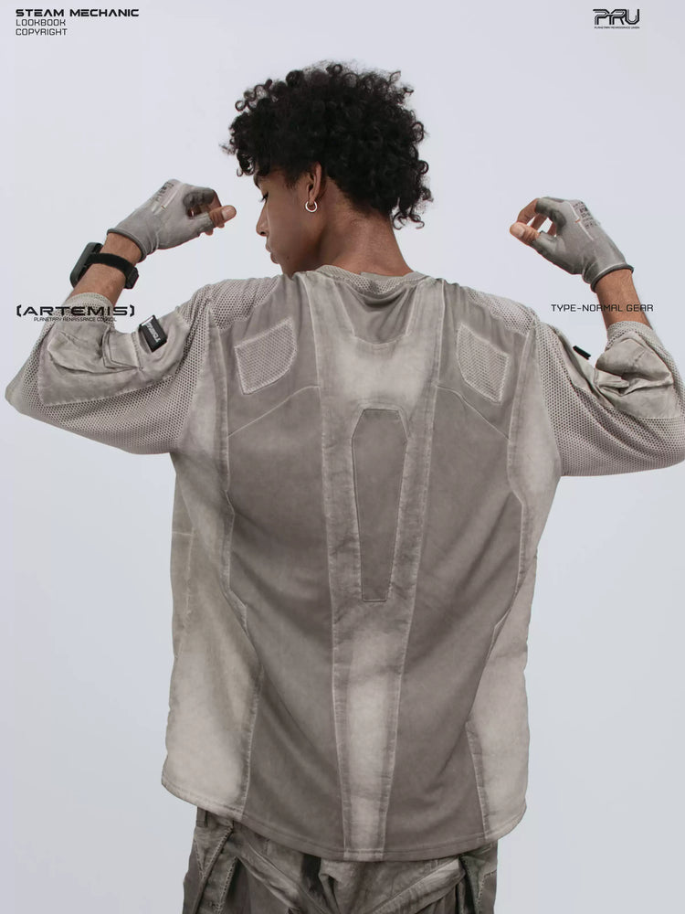 STARCORE xirang brown velcro mesh tee — back three-quarter modeled view with arms raised, showing mesh panels