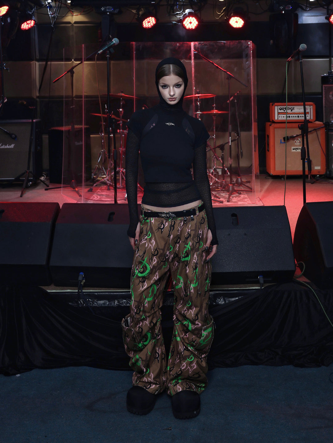 PINKSPINK ELECTRIC MOON fitted mesh crop tee — full-length front modeled view layered over black mesh