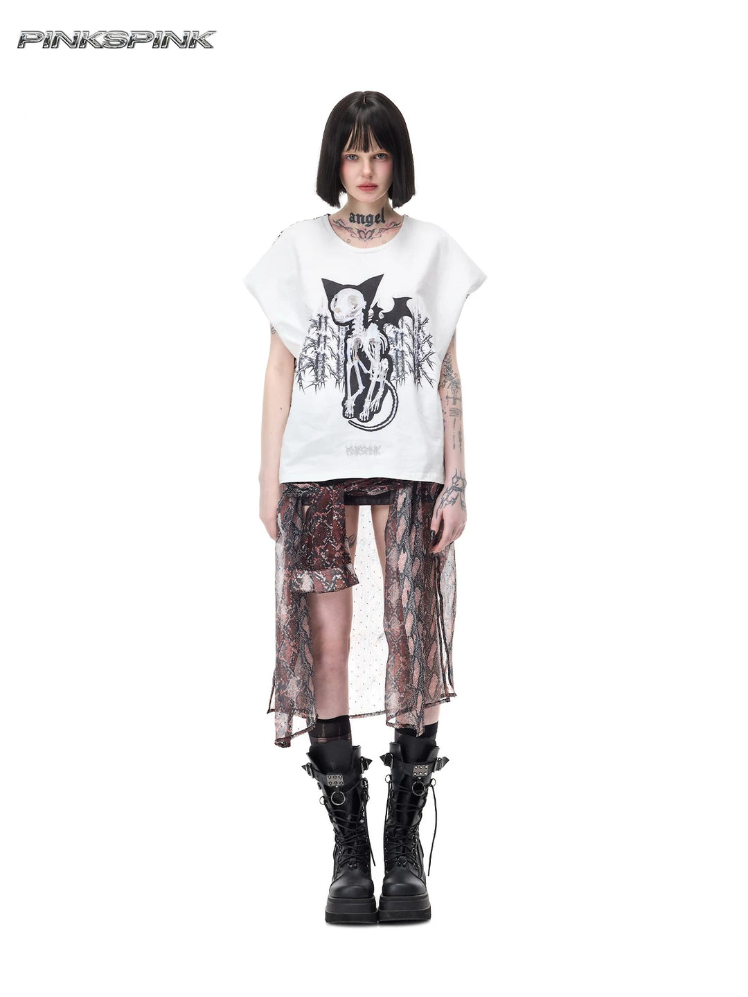 PINKSPINK DEVILCAT leopard-back graphic tee in white — full-length front modeled view styled with a separate sheer skirt