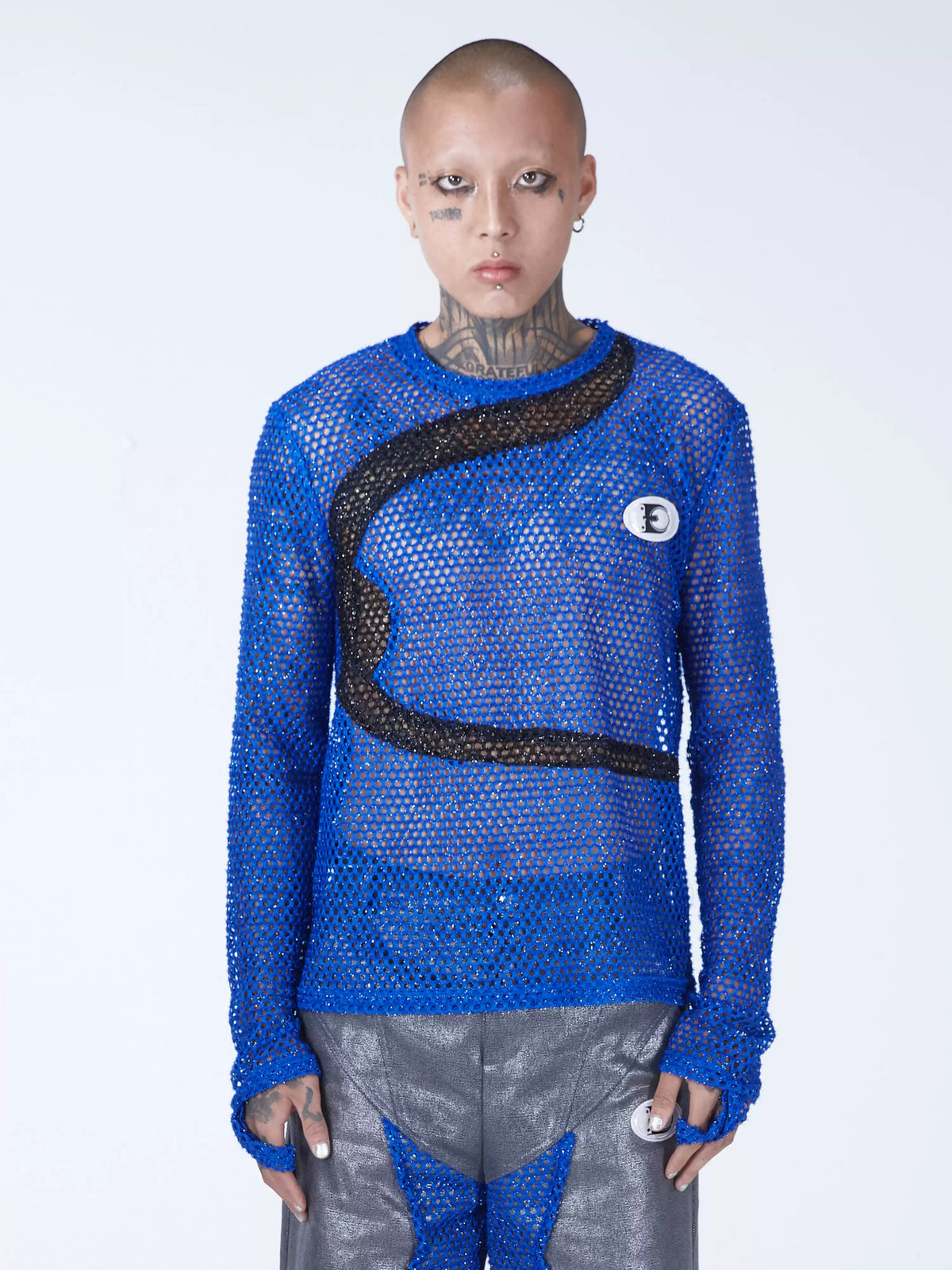EMBRYO BLUE VOID cutout mesh finger-sleeve top — alternate front modeled view