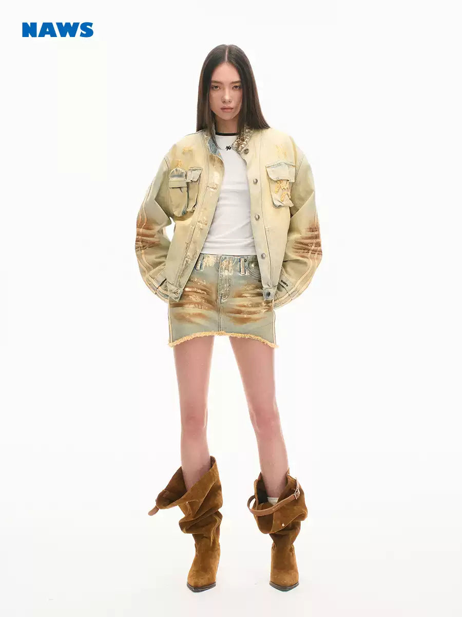 NAWS PYTHON silver-wash denim mini skirt — modeled front styling view