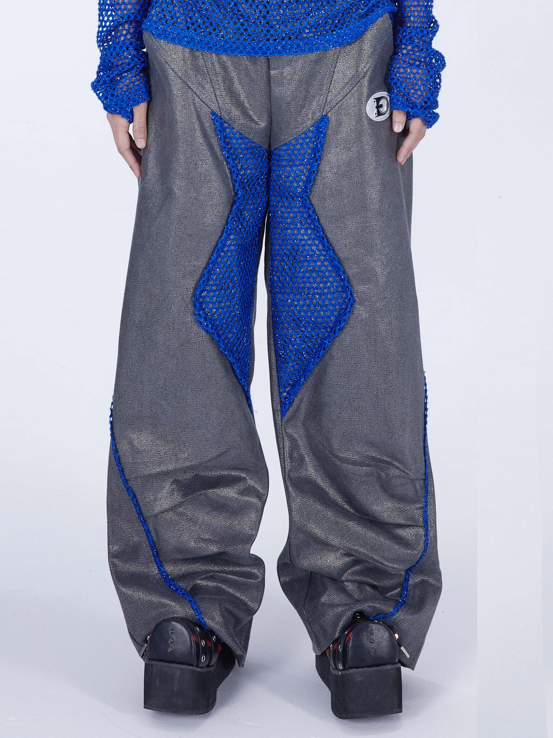 EMBRYO REVERSE CORE metallic canvas wide-leg pants — silver-gray front detail view