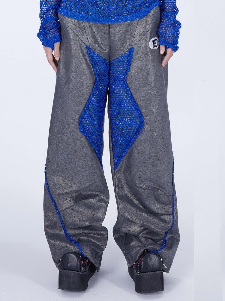 EMBRYO REVERSE CORE metallic canvas wide-leg pants — silver-gray front detail view