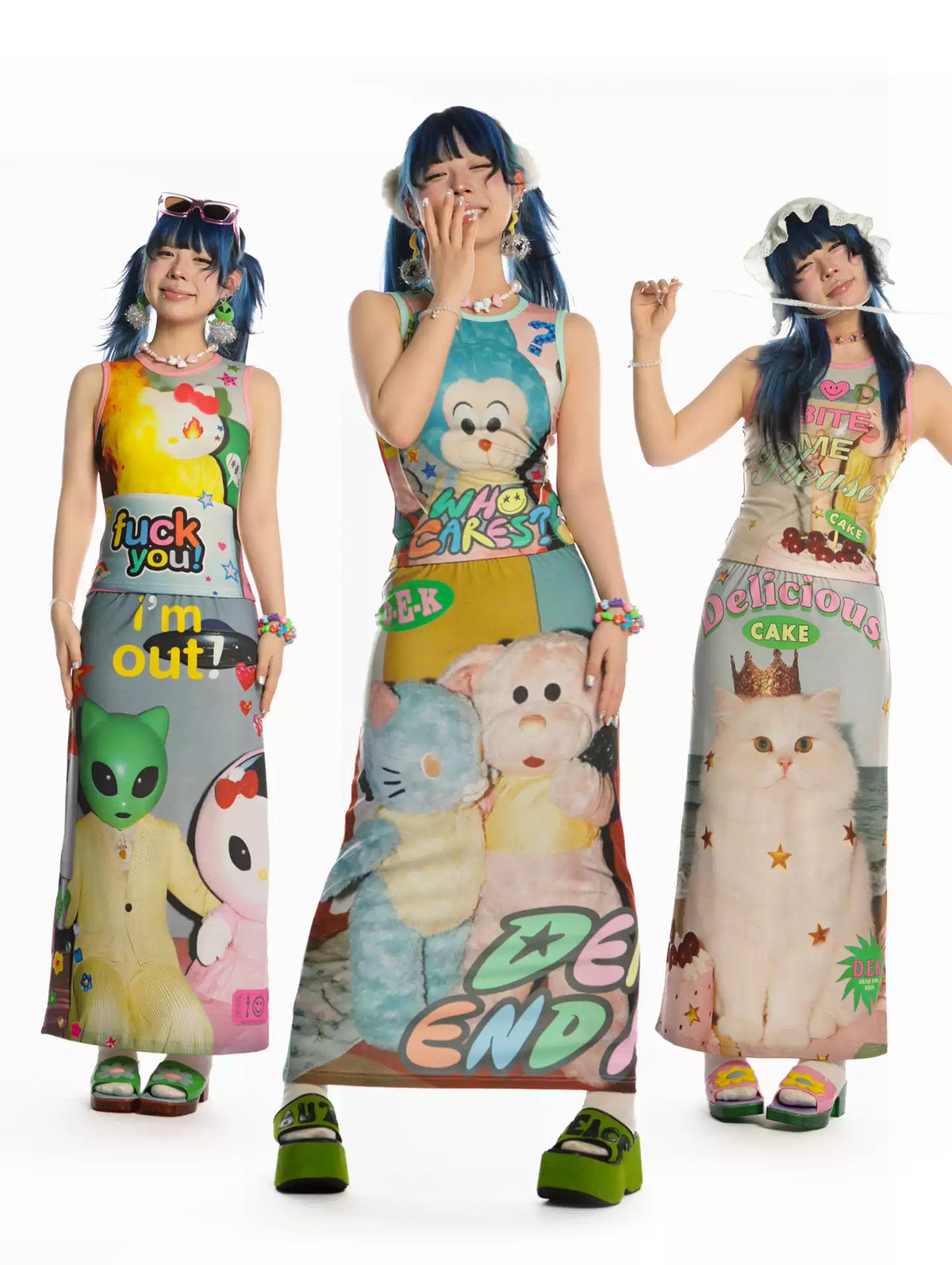 DEADENDKIDS REVERSIBLE ARCHIVE graphic maxi skirt — rear or construction presentation
