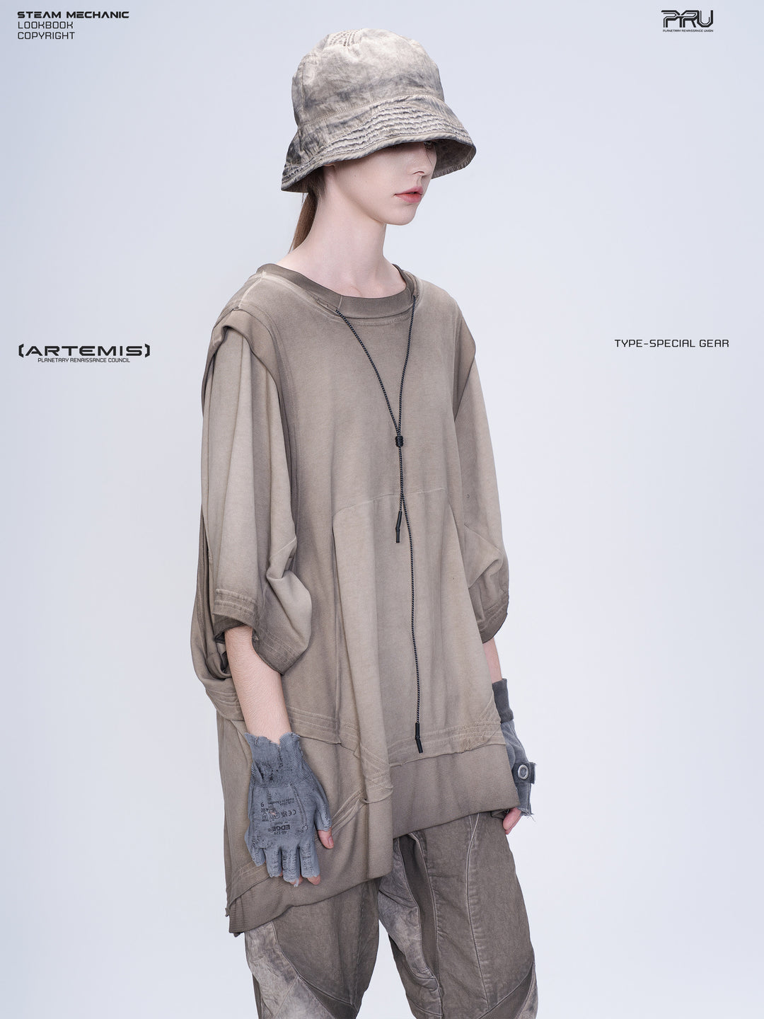 SUPERNOVA mercury brown convertible drawstring technical tee — modeled three-quarter front view showing the neck drawcord and layered hem