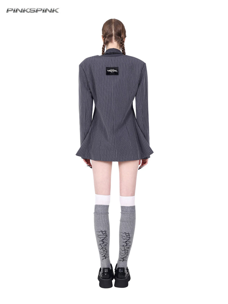 PINKSPINK ELECTRIC MOON pinstripe ring-detail blazer dress in gray pinstripe — full-length back modeled view showing the fitted waist and flared hem