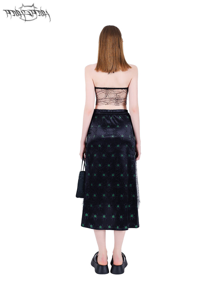 PINKSPINK SPIDER web-mesh halter crop top — back modeled view showing the web-mesh panel and neck ties