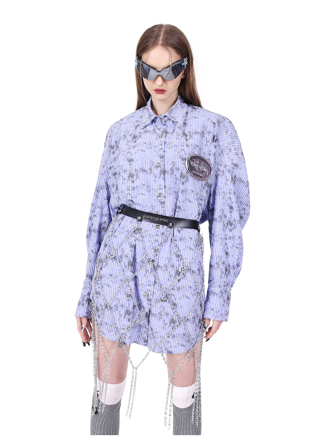 PINKSPINK ELECTRIC MOON diamond-chain belt skirt in black and silver — close front view over a purple shirt highlighting the lattice and moon charms