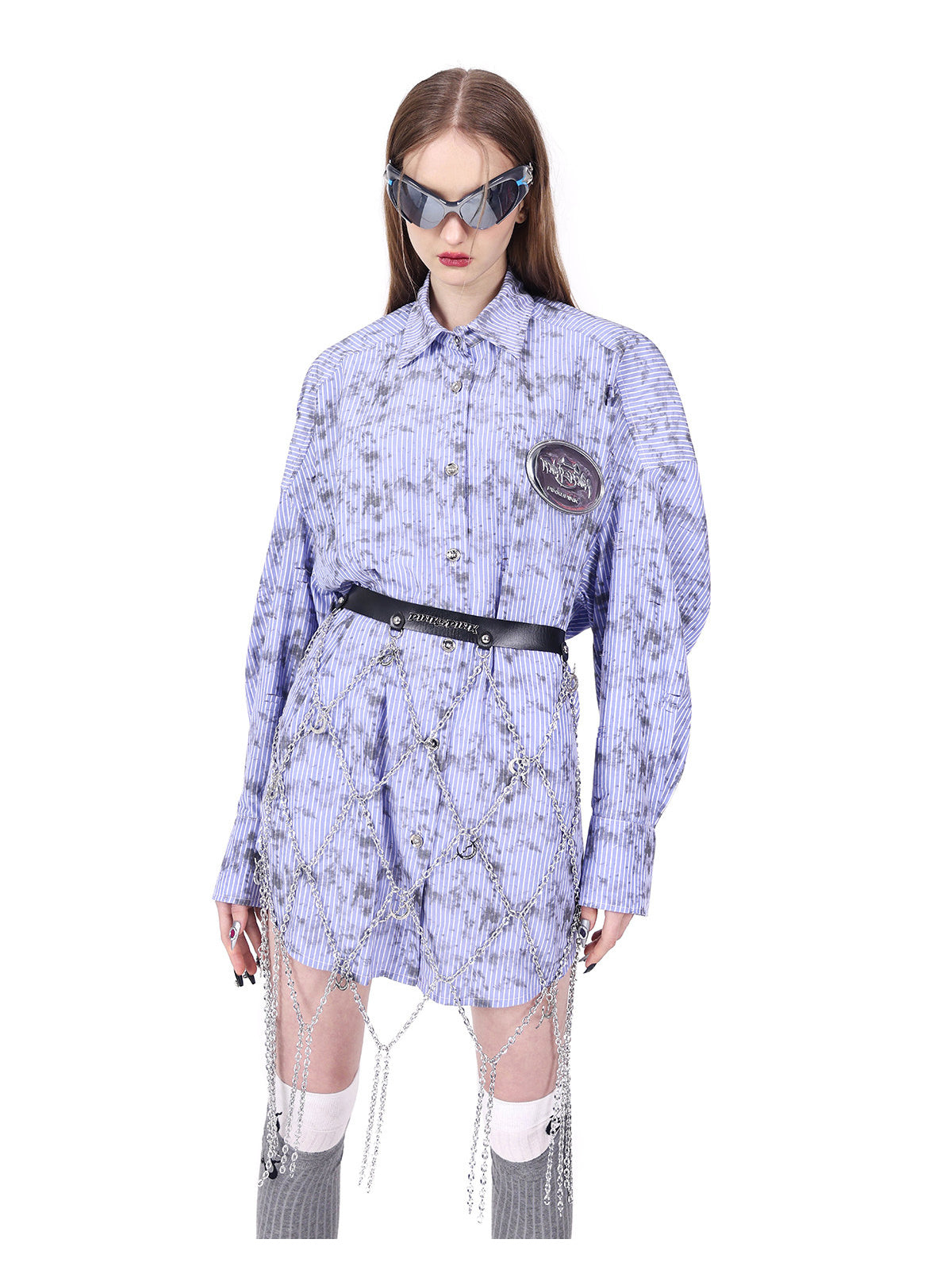 PINKSPINK ELECTRIC MOON diamond-chain belt skirt in black and silver — close front view over a purple shirt highlighting the lattice and moon charms
