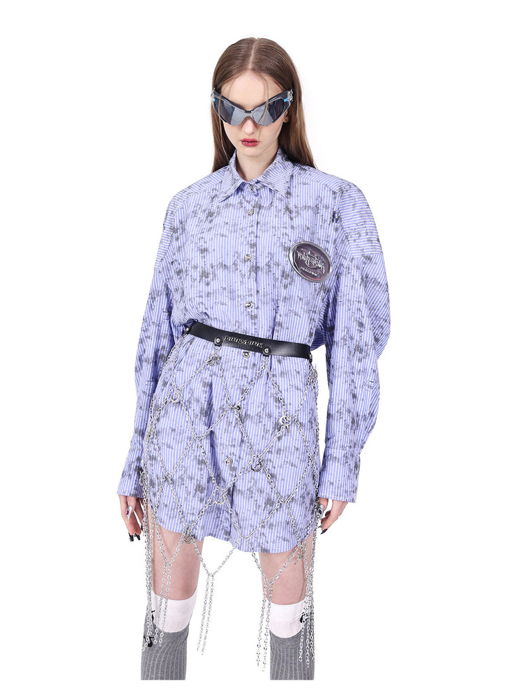 PINKSPINK ELECTRIC MOON diamond-chain belt skirt in black and silver — close front view over a purple shirt highlighting the lattice and moon charms