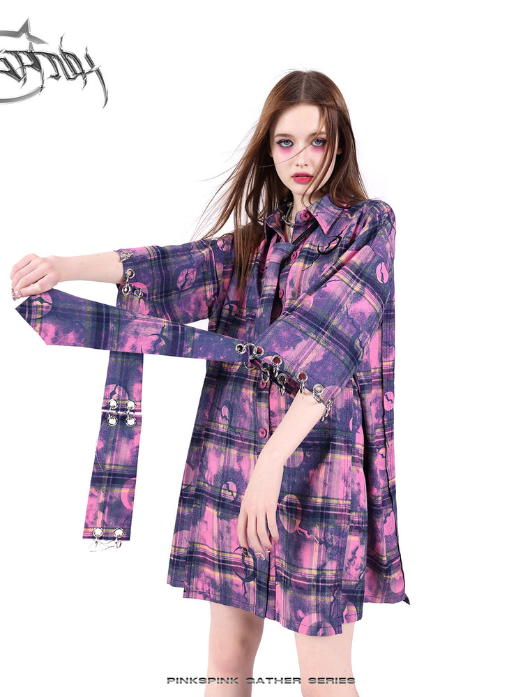 PINKSPINK ELECTRIC MOON wasteland plaid extra-long tie — alternate angle showing the shape and finish