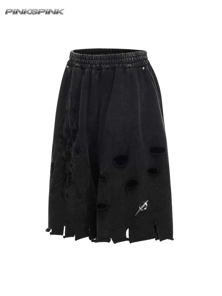 PINKSPINK ELECTRIC MOON distressed embroidered wide-leg shorts — black — front garment-only view