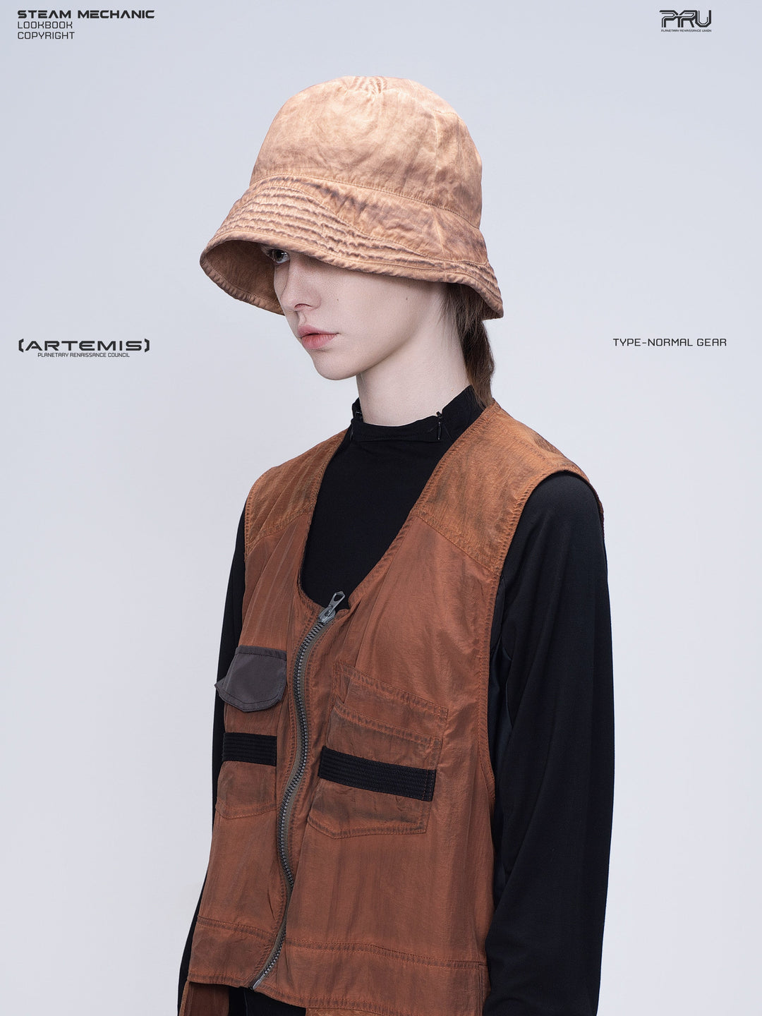 PIONEER venus orange distressed nylon bucket hat — left three-quarter portrait showing the sloping brim