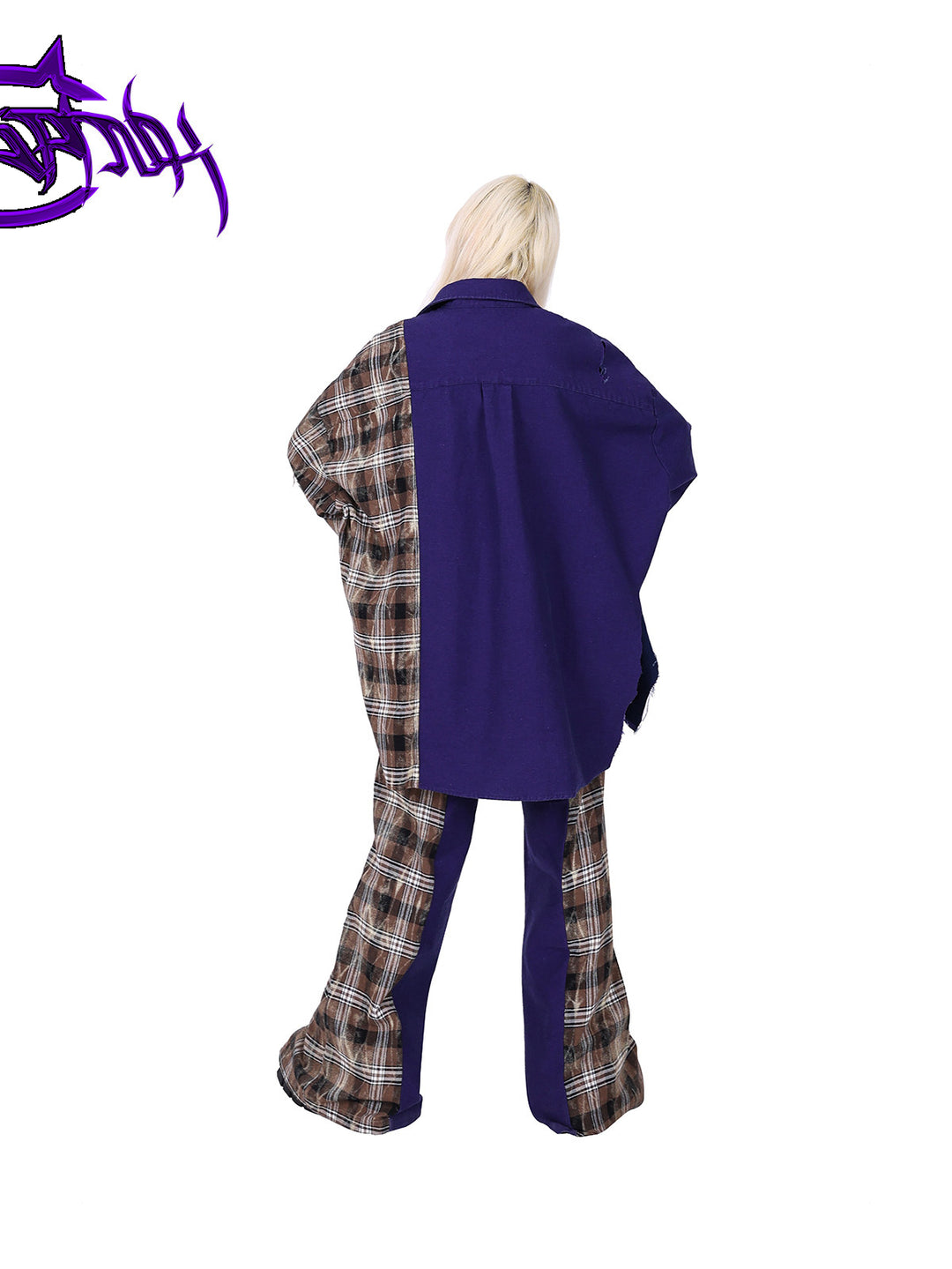 PINKSPINK DNA purple plaid split-panel wide-leg pants — back full-length modeled view with the plaid shirt untucked