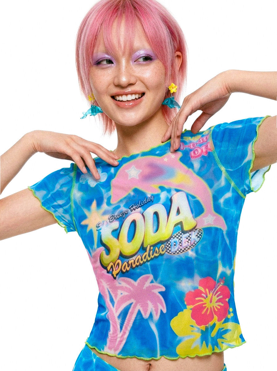 DEADENDKIDS SODA PARADISE mesh top & fishtail skirt — material and print detail