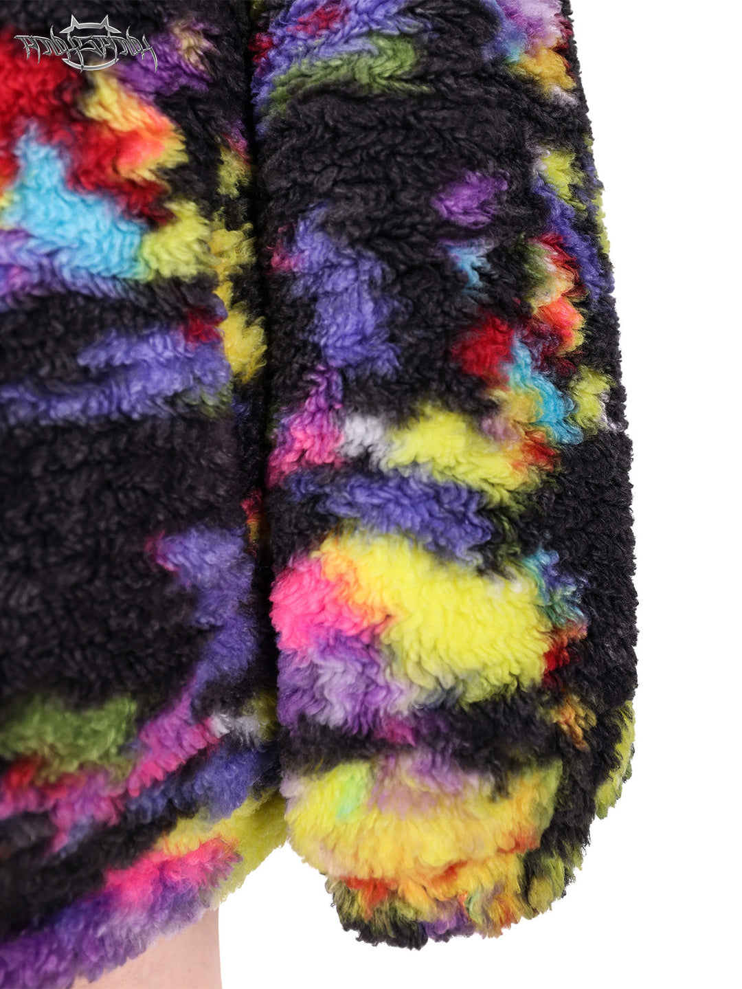PINKSPINK SPHYNX rainbow cat-ear sherpa jacket — full-length modeled styling view