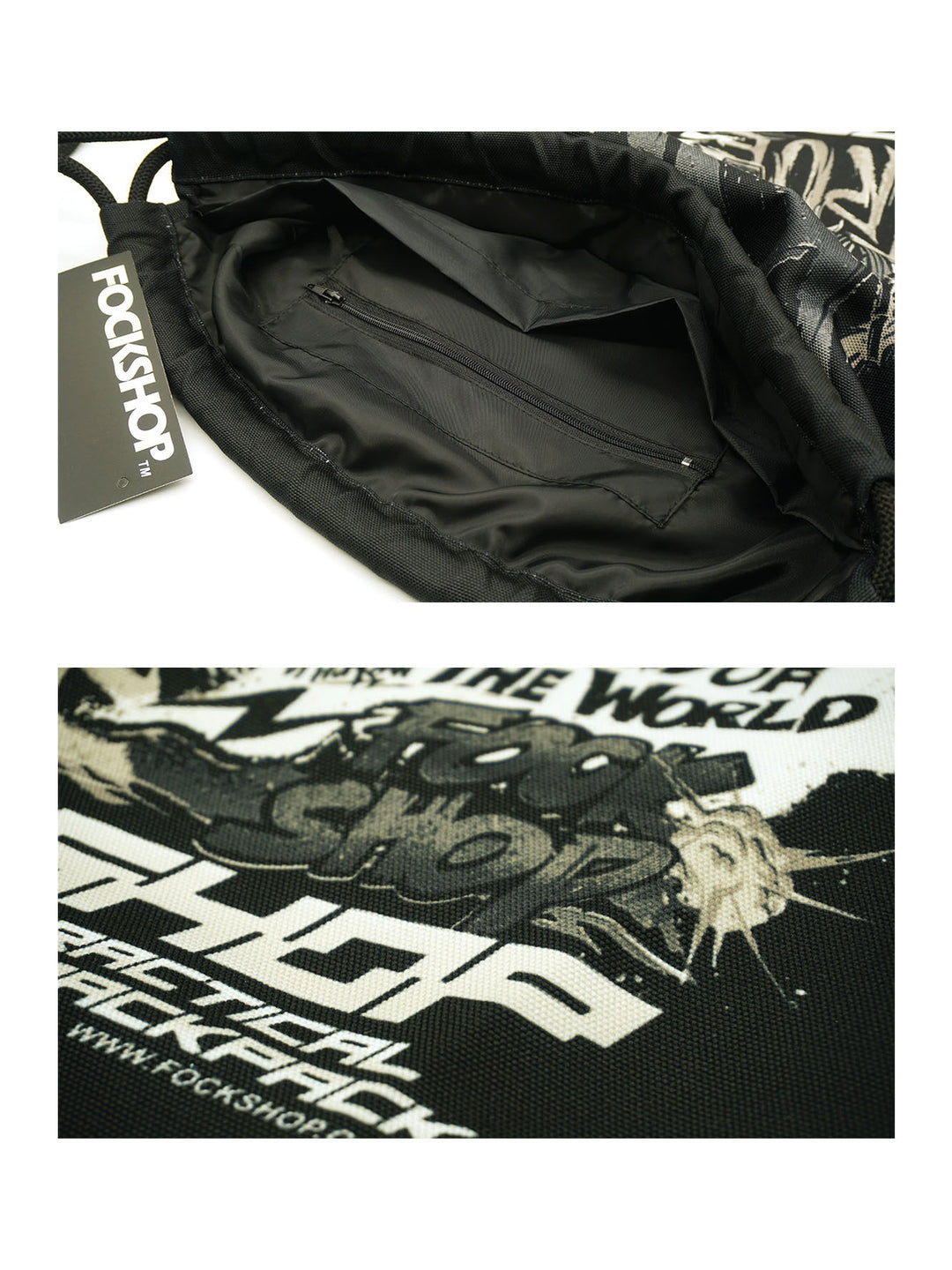 FOCKSHOP MASKPACK drawstring backpack — zippered inner pocket and black-and-white comic print close-up