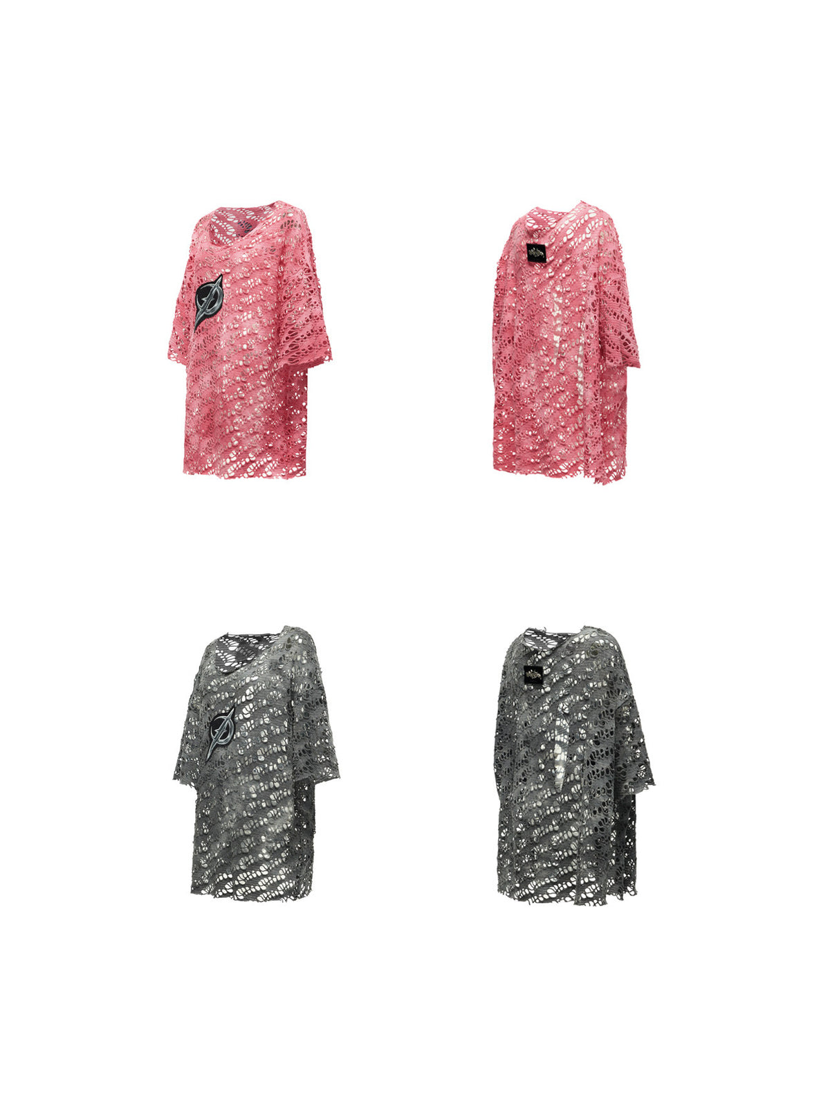 PINKSPINK ELECTRIC MOON distressed open-knit oversized tee in pink and charcoal gray — front and back garment views comparing both colors