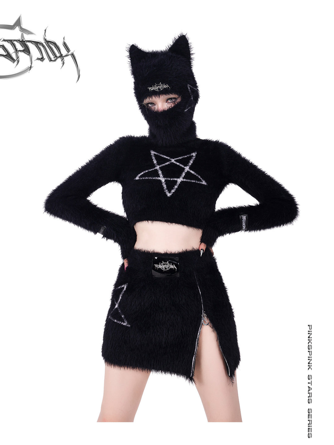 PINKSPINK PENTAGRAM cat-ear knit balaclava — alternate modeled styling view
