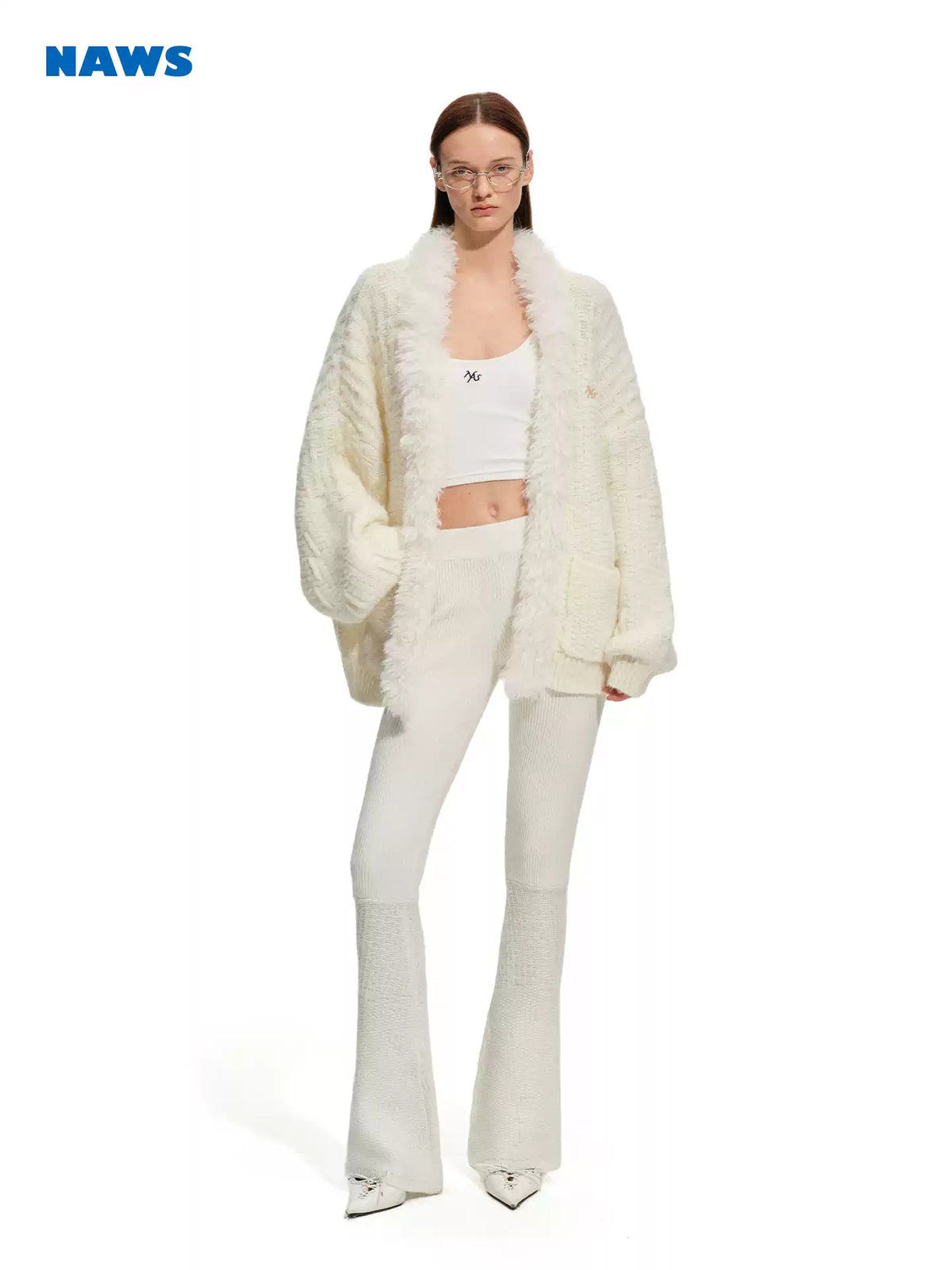 NAWS ARCTIC ribbed wool-blend flare pants — alternate modeled view showing the silhouette