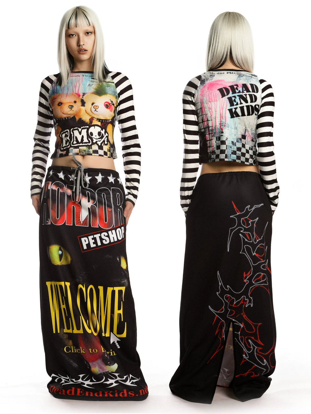 DeadEndKids Horror Petshop black graphic maxi skirt — front and back full-length views