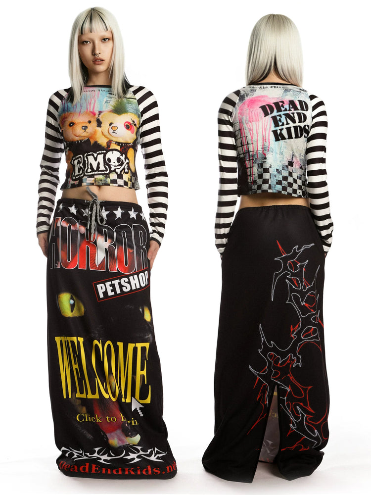 DeadEndKids Horror Petshop black graphic maxi skirt — front and back full-length views