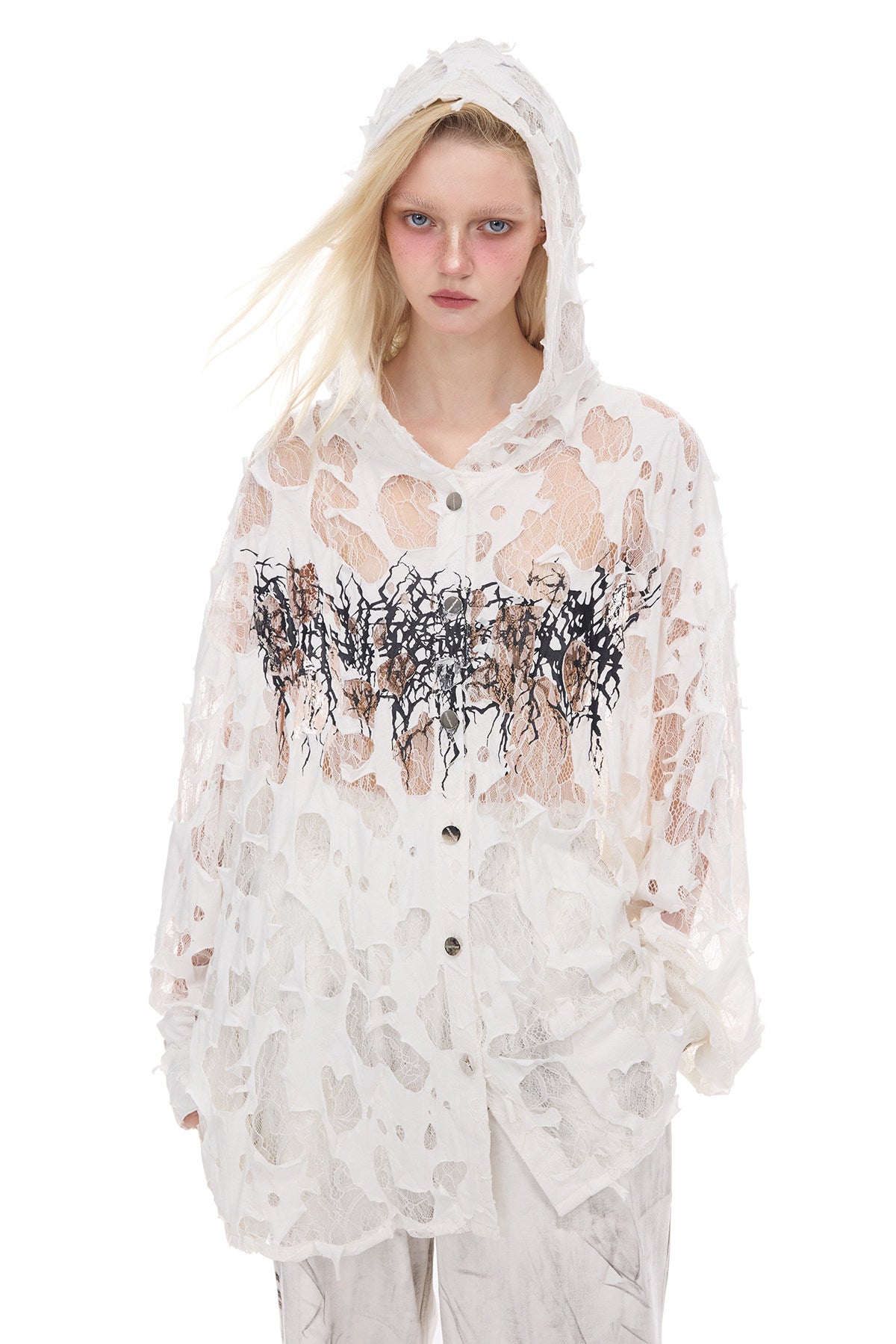 PINKSPINK THORN BURNOUT lace hooded shirt — product detail view showing texture and hardware