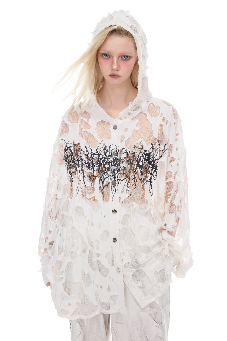 PINKSPINK THORN BURNOUT lace hooded shirt — product detail view showing texture and hardware
