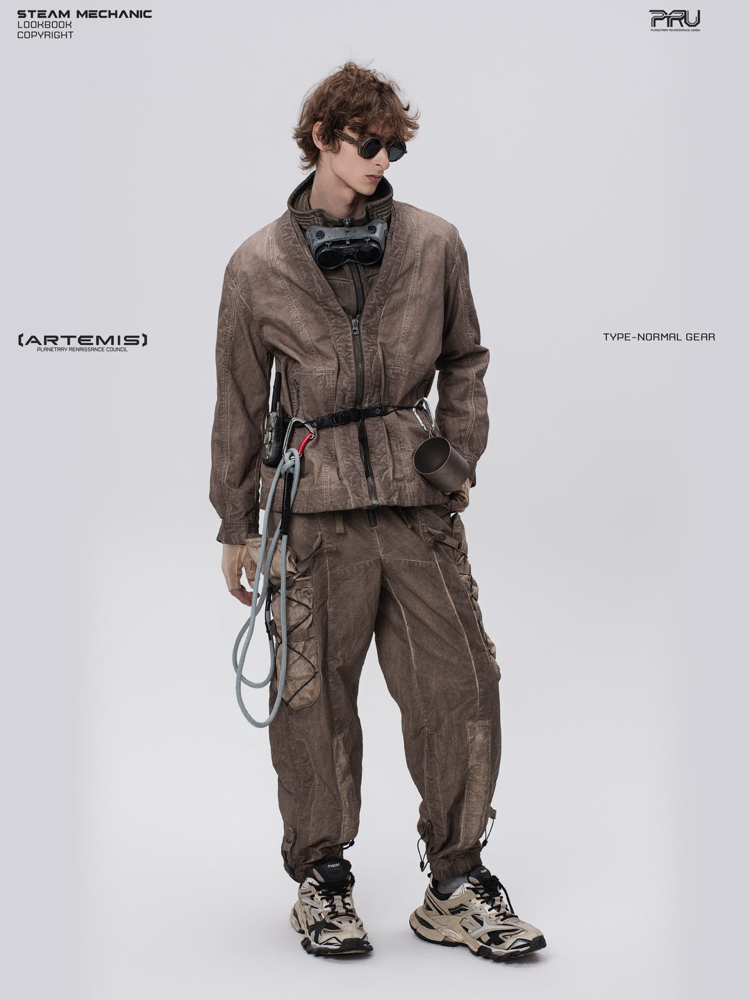 GAIA ochre brown open-collar technical robe — full-length front view with one hand in a pocket