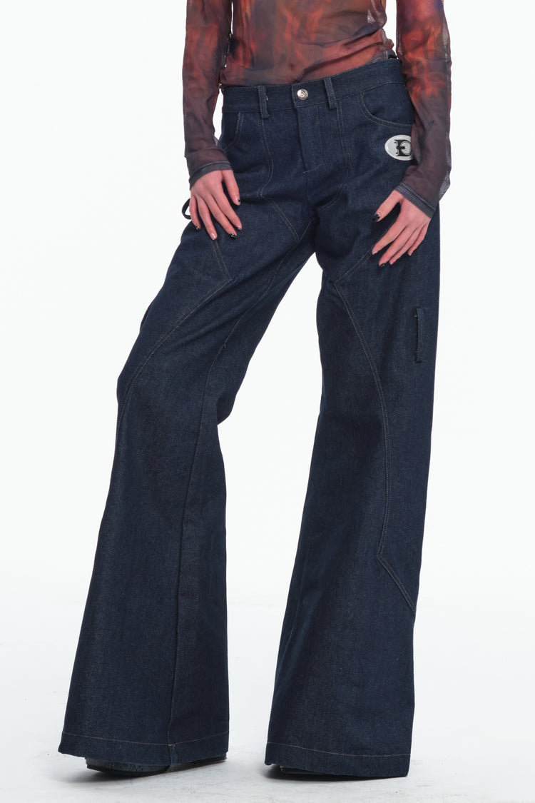 EMBRYO BONE FRAME low-rise flare pants & waist panel — material and hardware detail