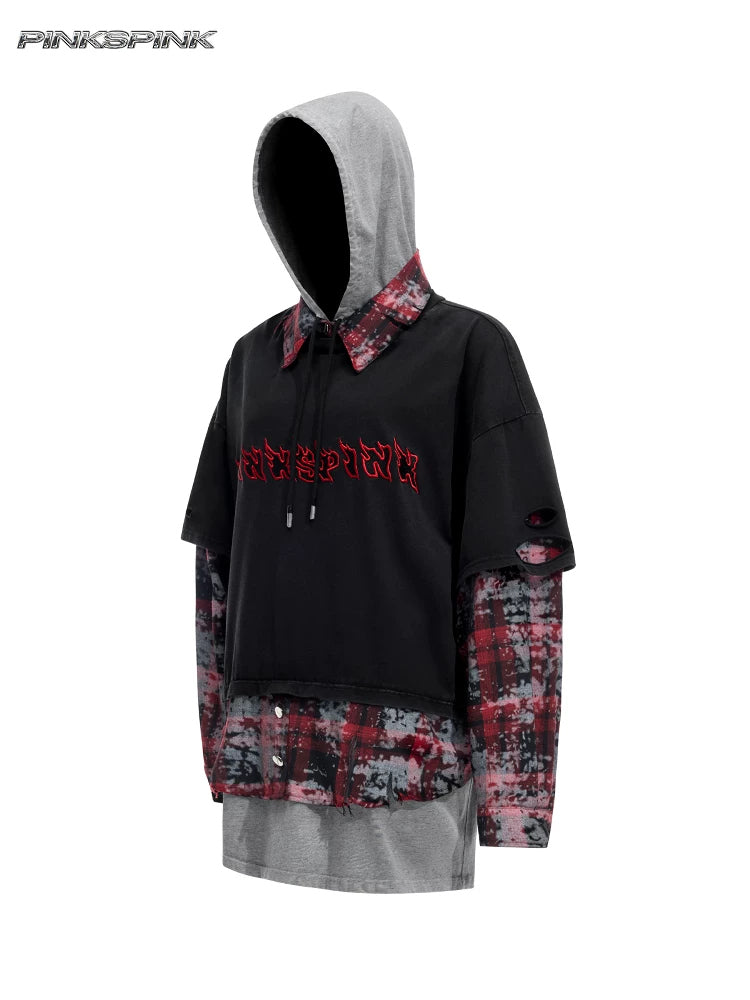 PINKSPINK REMAKE triple-layer plaid hoodie — black and red plaid hoodie — front garment-only view