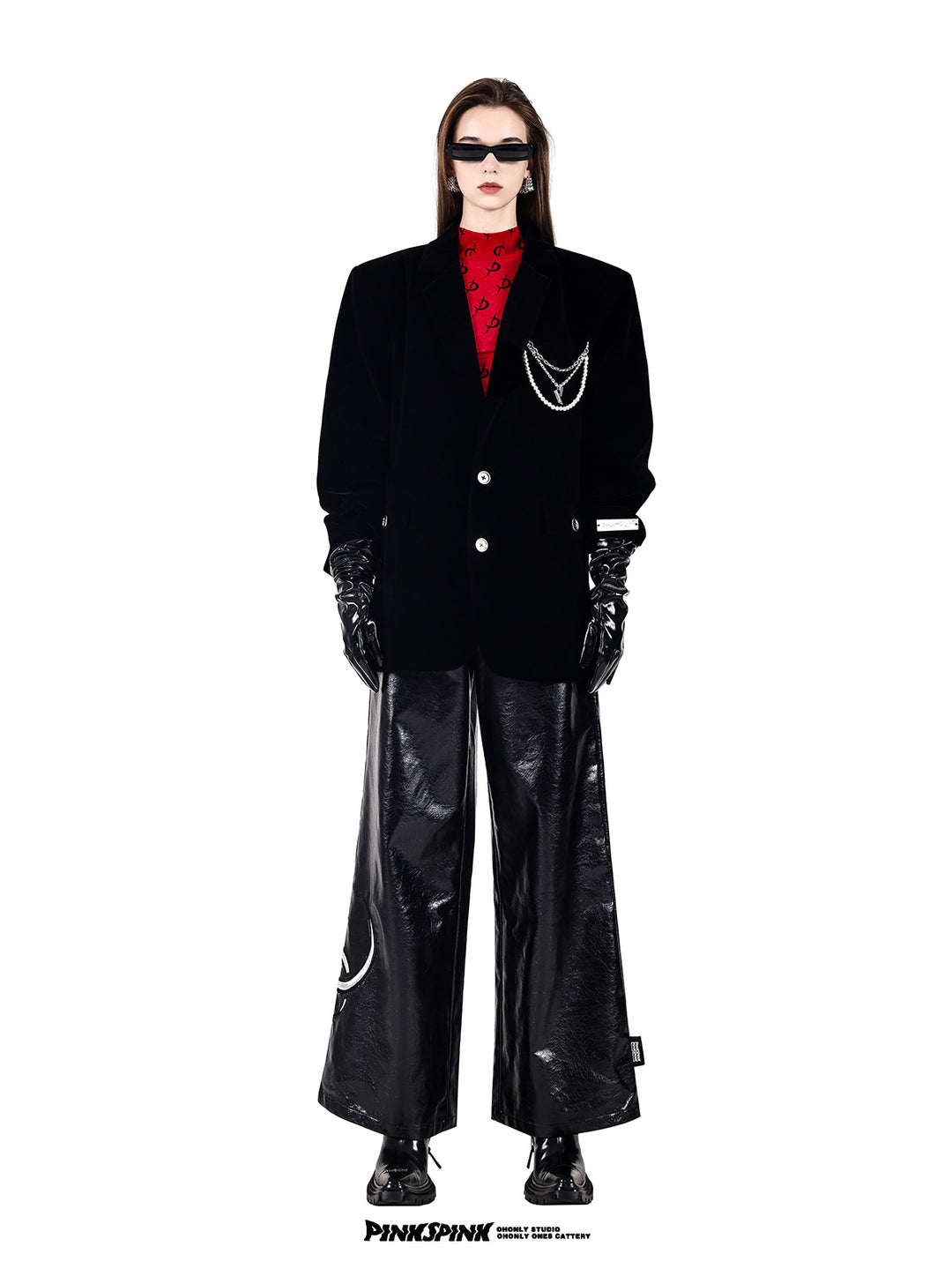 PINKSPINK DEAN pearl-chain velvet blazer — black full-length front view styled with wide-leg trousers